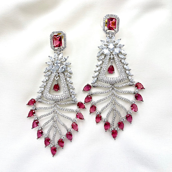 Burgandy Red White Rhodium Finish AD Zircon Earring