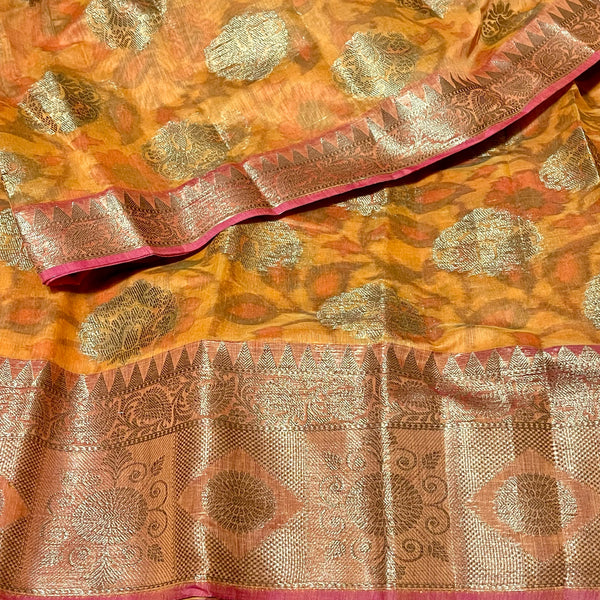 Orange and pink Chanderi Silk Saree with Stitched blouse