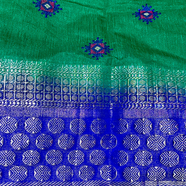 Sea Green & Blue Embroidery Linen Silk Saree with Stitched Blouse