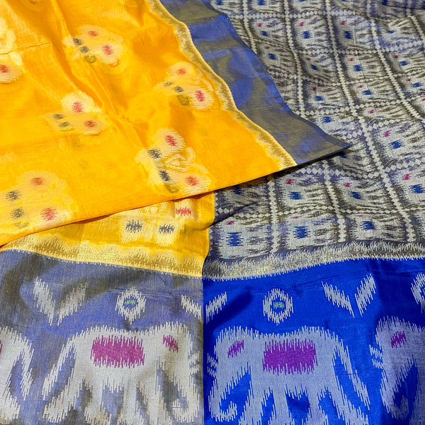 Mustard Yellow & Blue Ikkat Pochampalli soft cotton silk saree