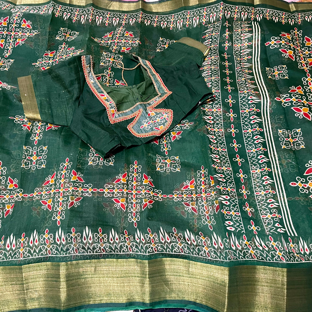 Dark Green Jute Cotton Rangoli Saree with Stitched Blouse