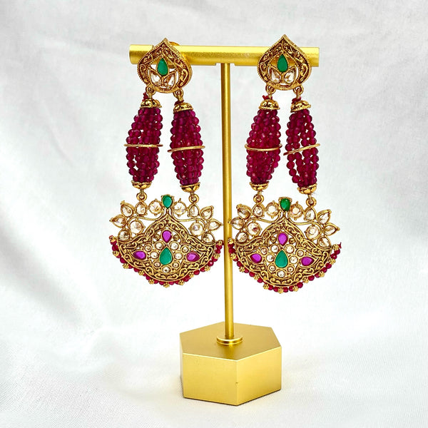 Polki LCD Long Earring with Pink Ruby Hydro Beads