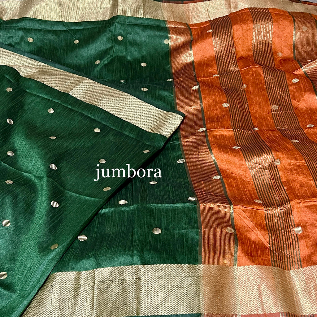 Bottle Green & Orange Jute Gicha Silk Saree