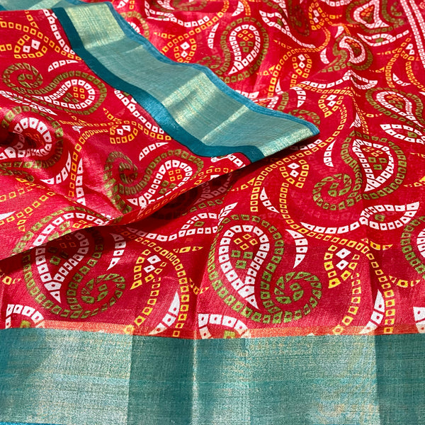 Red & Sea Green Bandhini Print Soft Jute Cotton Saree with Stitched Blouse